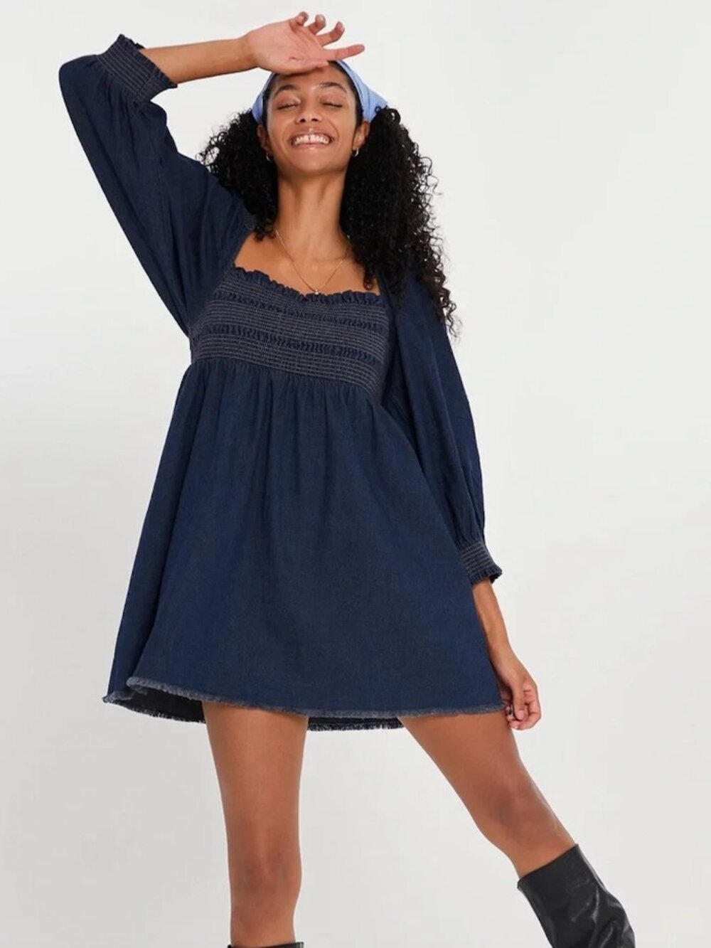 Free People This Is Everything Denim Mini Dress Smocked Puff Sleeve